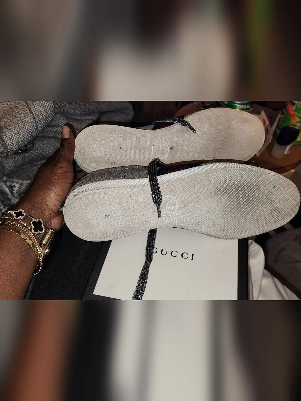 Gucci Silver Glitter Low-Top Sneaker with Red & Blue Stripe